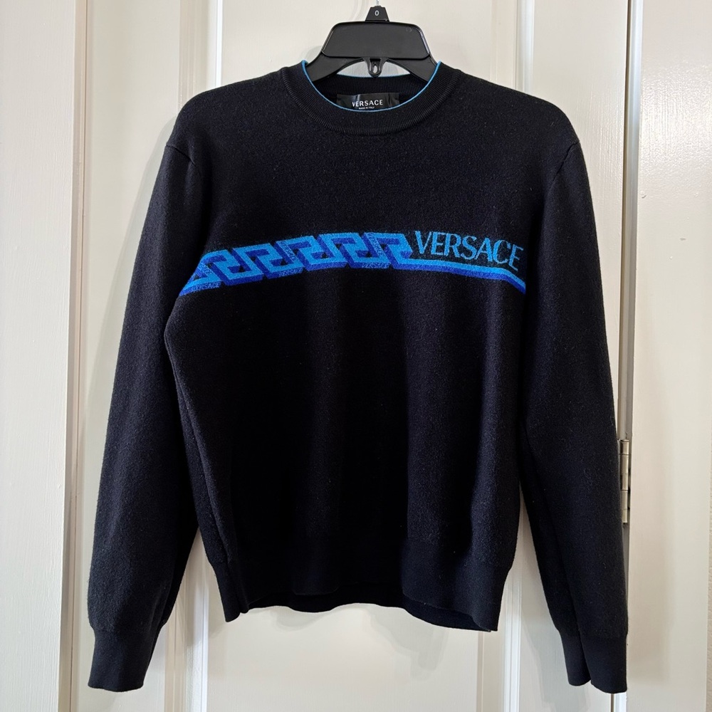 Versace Men's Black Sweater with Vibrant Blue Detail